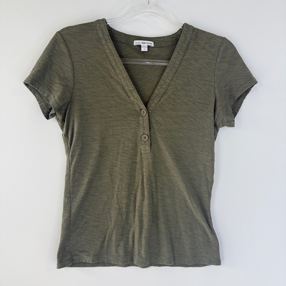 James Perse Henley Shirt Women 1 Army Olive Green V-Neck Cotton Modal Slub $150